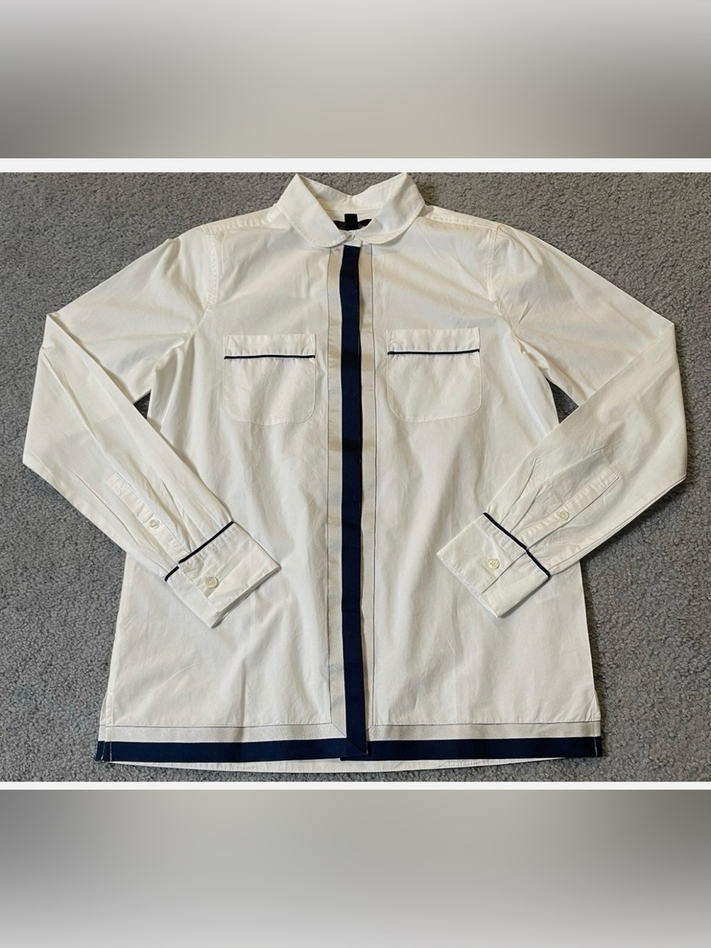 J. Crew White Shirt Jacket with Navy Piping